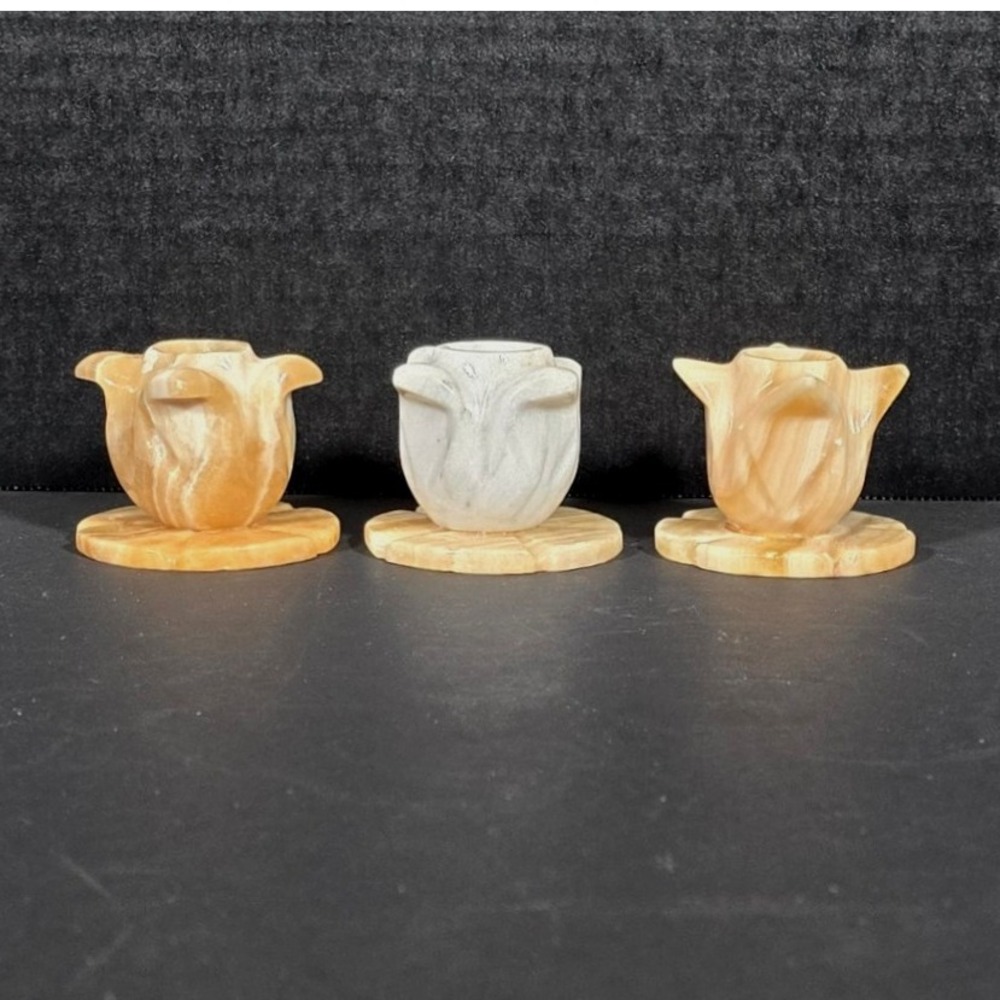 Set of 3 Vintage Carved Marble Onyx Stone Candle Stick Holder Tulip Design‎
